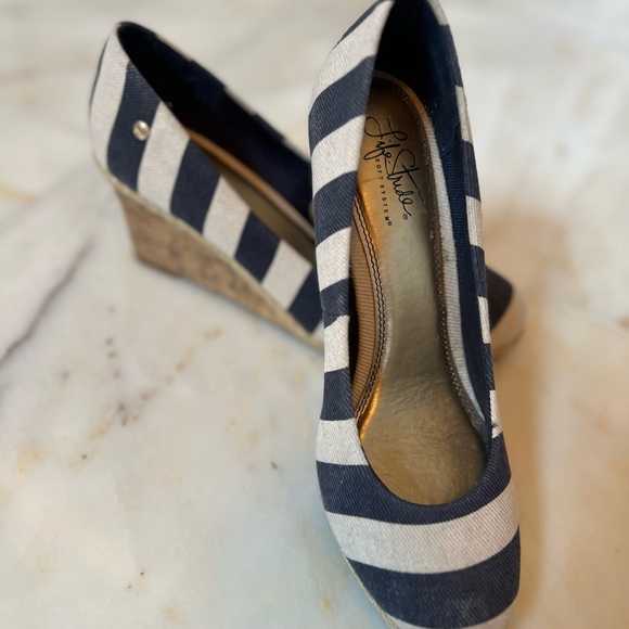 Life Stride Chic Women's Peep-Toe Wedges - Black, Beige, and Striped - Picture 2 of 13